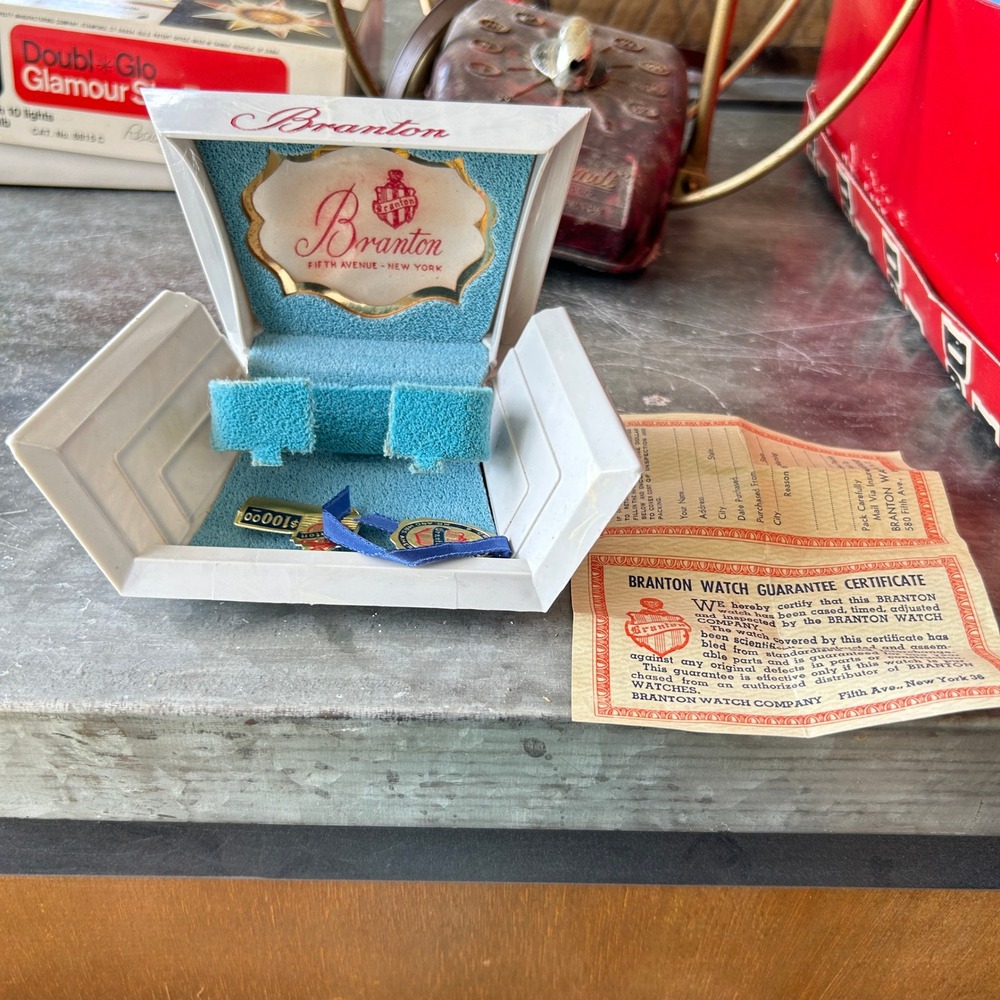 Vtg 1950s Branton Watch Box Case Set Paperwork Hangtags‎ Blue Velvet Mid Century